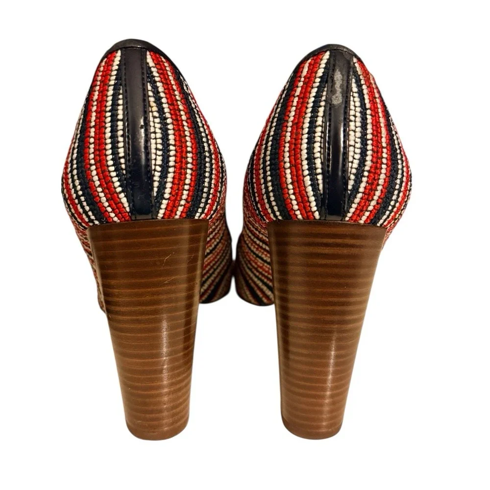 J.Crew Pumps 10 Knit Fabric Block Heel Red White Blue B9588‎ Italy Shoes Summer